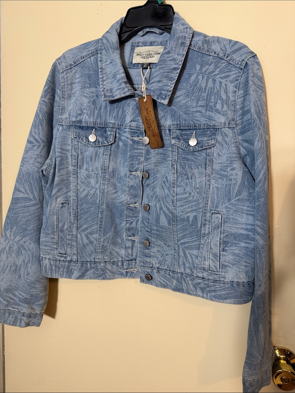 Ashley- Vintage Charm International Light Blue Palm-Print Denim Jacket